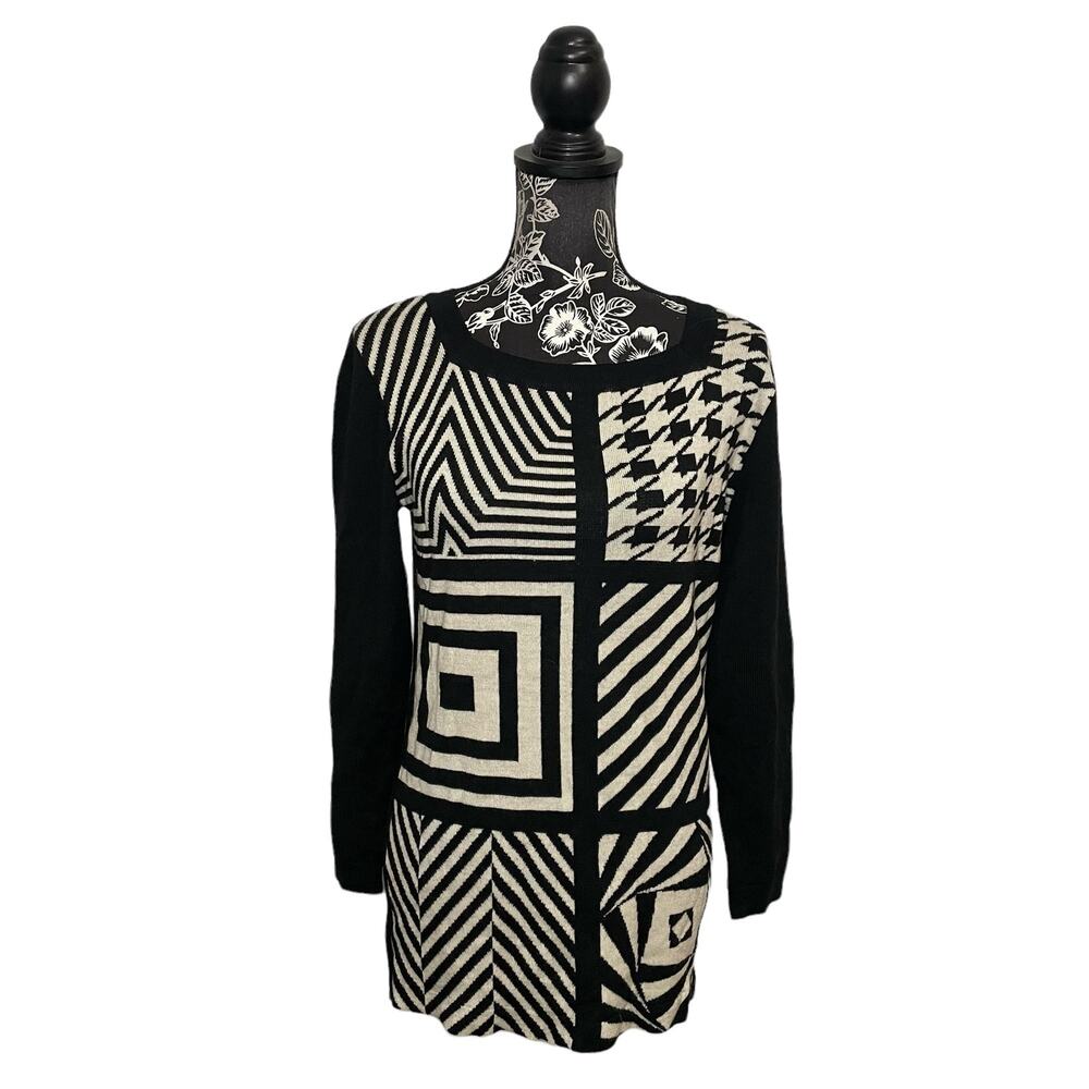 Vintage Mondi Square Neck Knit Sweater Black White Geometric Size 34 / Medium